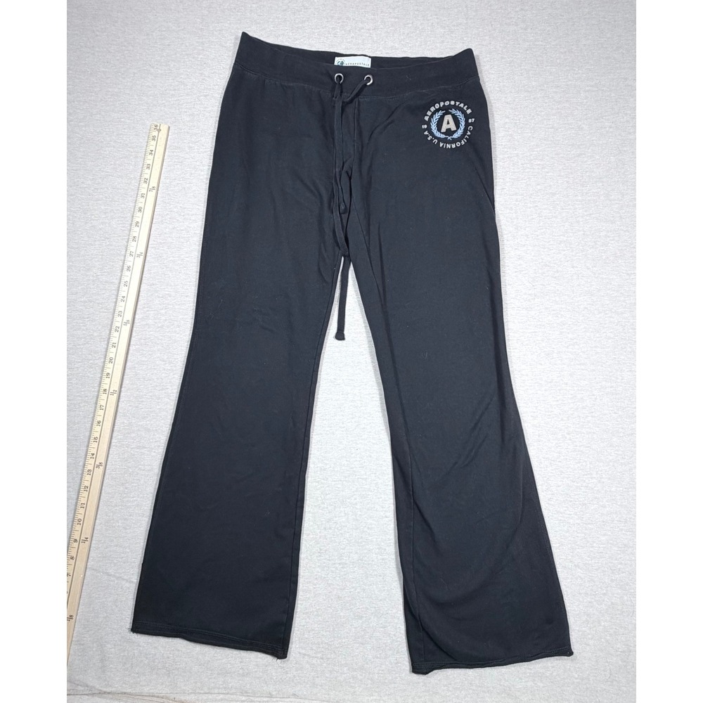 Y2K Aeropostale Women Black Wide Leg Drawstring Sweatpants Crest Logo Size L